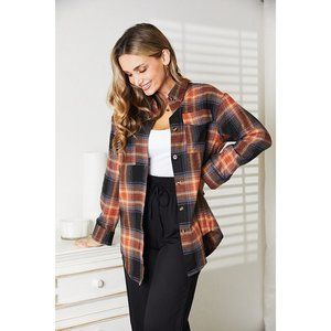 Plaid Dropped Shoulder Shirt Long Sleeves Relaxed Fit Casual KHAKI BLACK
